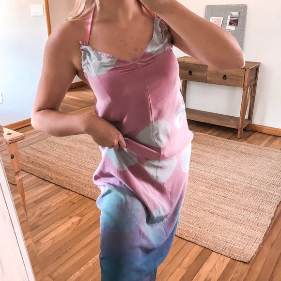 Gypsy 05 100% Silk Pink Purple Ombre Tie Dye Pattern Adjustable Halter Dress S - Picture 1 of 13